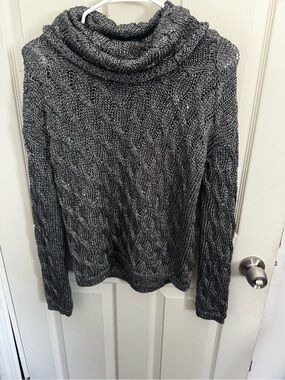 Alice + Olivia Cowl Neck Cable Knit Sweater Metallic Gray
